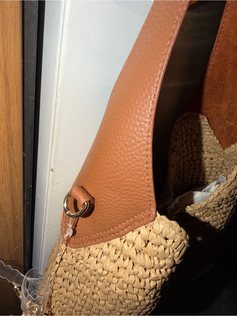 Woven Straw Hobo Tote with Brown Leather Trim - Picture 4 of 10